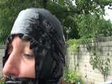 Watch Sandra enjoying Bondage  in her shiny nylon  Rainwear outside 6