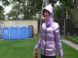 Watch Sandra taking a shower in her new purple shiny nylon down jacket  5