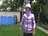Watch Sandra taking a shower in her new purple shiny nylon down jacket  6